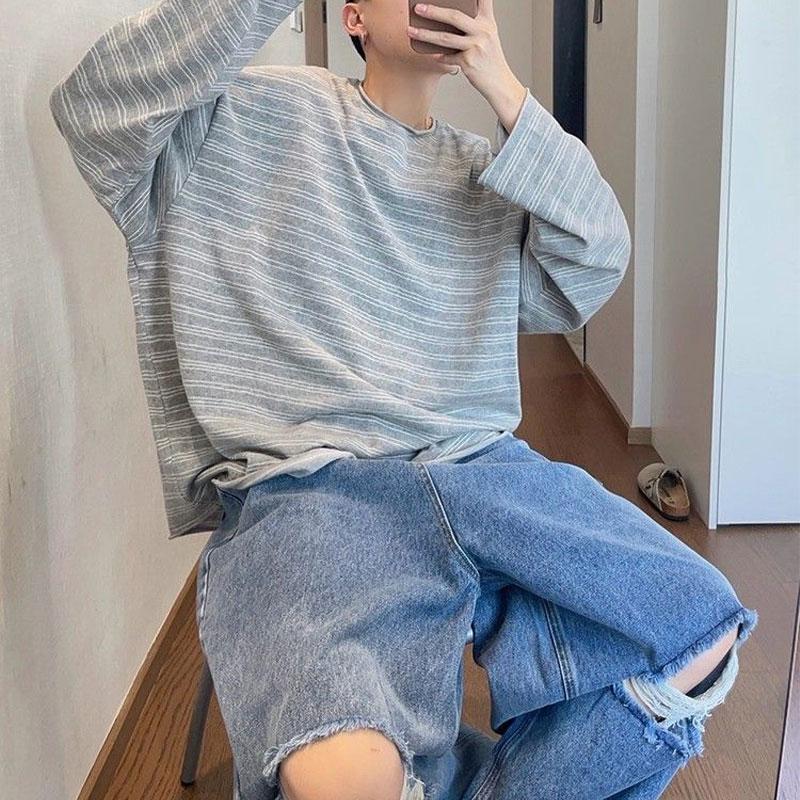 Basic Casual Striped O-Neck Pullovers Autumn Vintage Contrasting Colors Men's Clothing Long Sleeve Fashionable Loose T-shirts