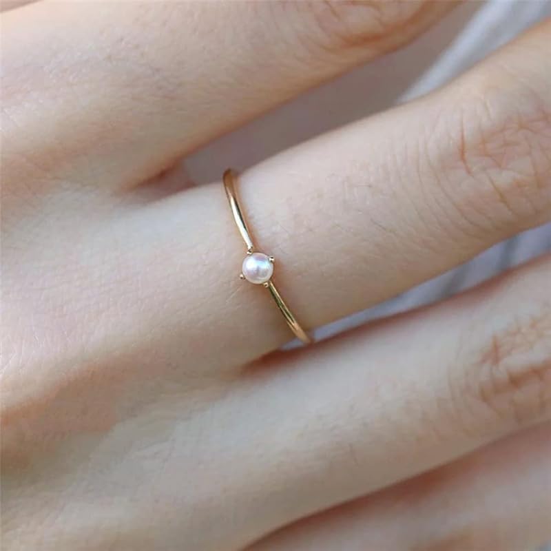 WDIYIEETN 18K Gold Plated Simple Pearl Ring Four Claw Round Dainty Pearl Ring Ladies Wedding Ring (5) 5