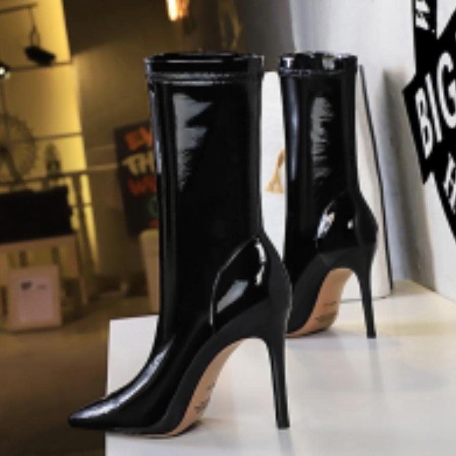 Womens European and American Fashion Thin Shiny Elastic Thin Pointed Short Boots