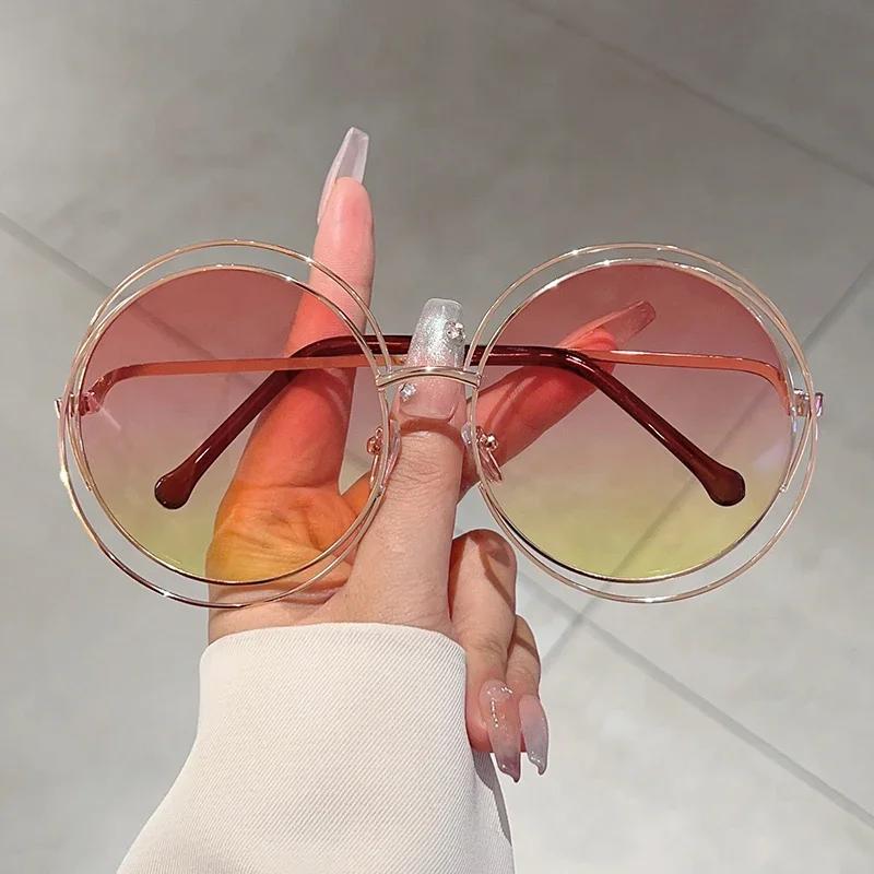 Vintage Round Oversized Sunglasses for Women Brand Designer Gradient Shades Metal Frame Lady Sun Glasses Lentes  Mujer