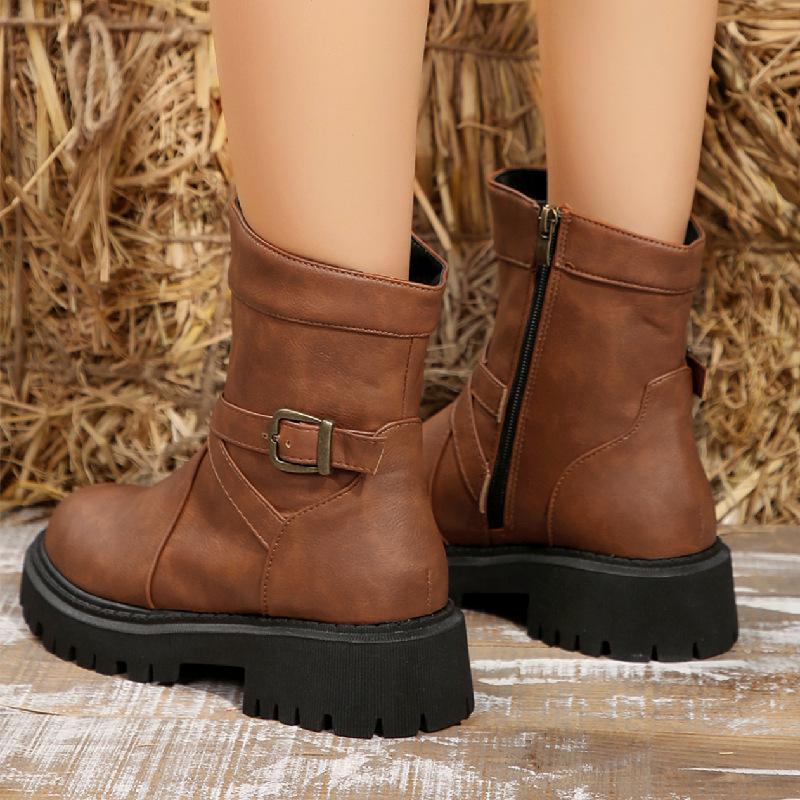 Europäische und amerikanische Größe Leder seitlicher Reißverschluss kurzer Schaft Martin Stiefel Damen grenzüberschreitend runde Zehen dicke Sohle Gürtelschnalle Ritter Lederstiefel