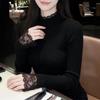 Women's Autumn/Winter Black Lace Patchwork Sweater, Slimming Half-High Collar Knit Top with Long Sleeves