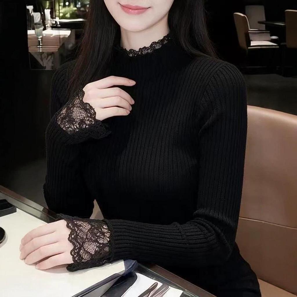 Women's Autumn/Winter Black Lace Patchwork Sweater, Slimming Half-High Collar Knit Top with Long Sleeves