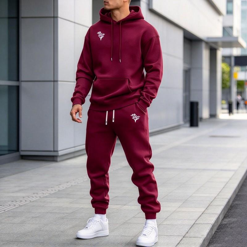 Mens Hoodie - Set Rose Floral Print Loose Casual Sport Two Piece