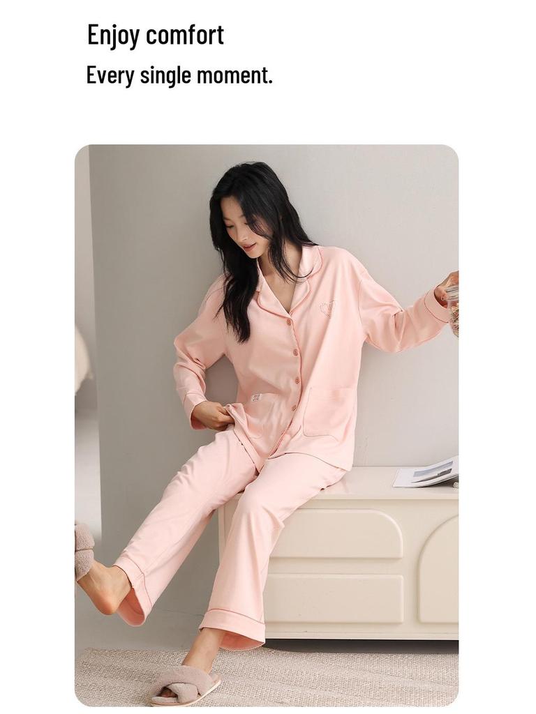 Women's Cotton Cardigan Two-Piece Set with Chest Pads: Sweet & Casual Long Sleeve Home Wear for Spring & Autumn