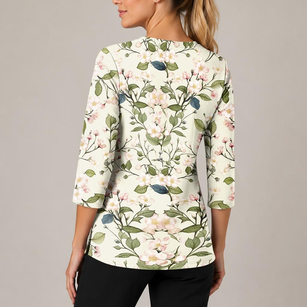 Women's Floral Print Scrub Top with V-Neck, Pockets, Side Slits and 3/4 Sleeves