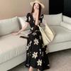 French temperament large size summer V-neck printed dress women's long waist thin high waist cover stomach A long dress