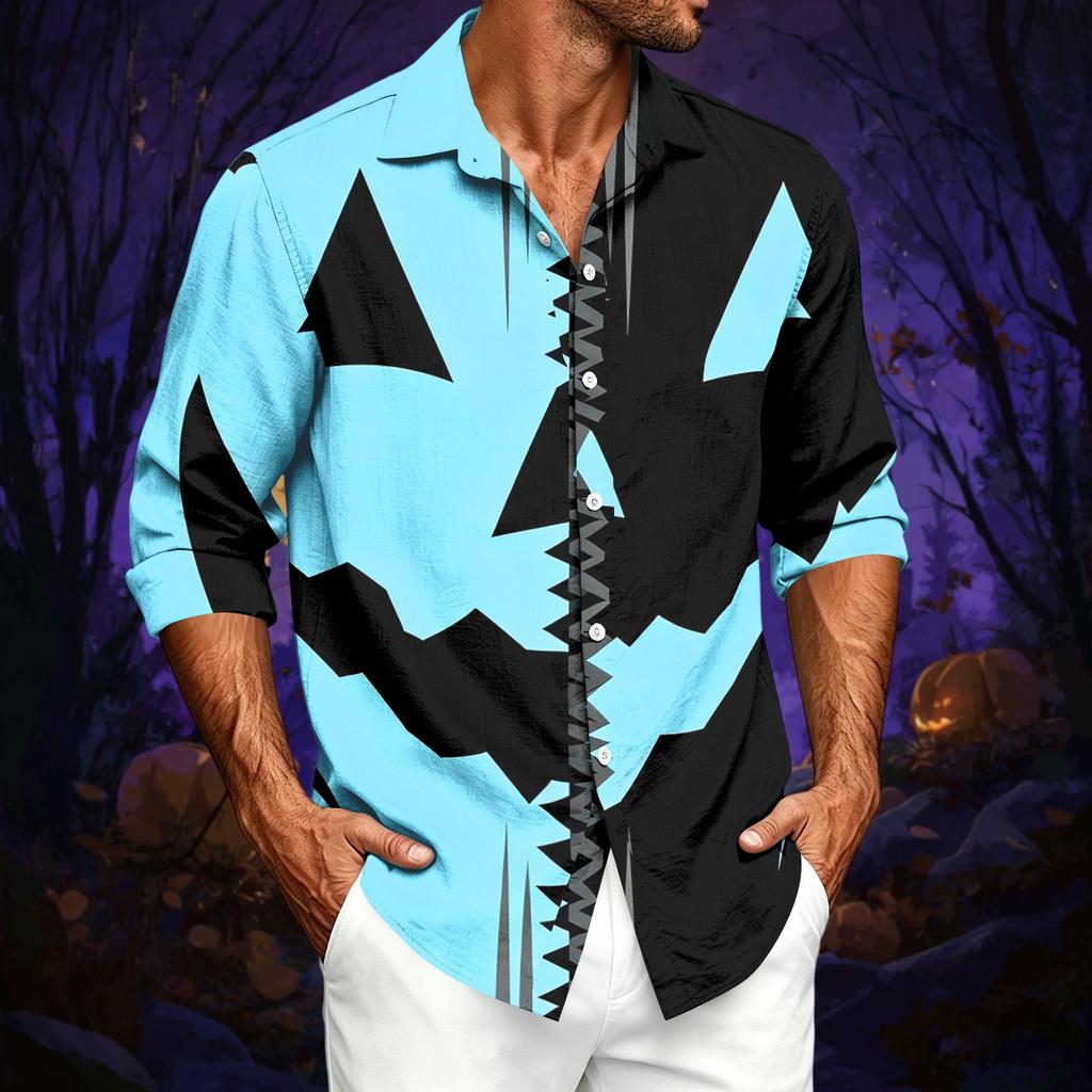 Men's Casual Long Sleeve Print Shirt with Halloween Design for Spring and Fall