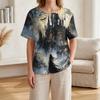 Women's Casual Short Sleeve Linen Cotton Blend Henley Shirt with Chest Pocket Halloween Themed Graphic Print