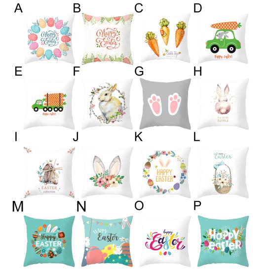 Throw Pillow Case Rabbits Colorful Eggs Carrots Home Decoration Polyester Peach Skin Easter Party Pillow Cover for Indoor