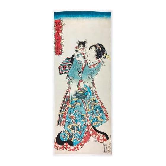 Utagawa Kunisada  New Forms of Beauties in Custom-Dyed Kimonos:  Cats and Beauties  Ukiyo-e Tenugui Towel - Approx. 83cm x 35cm, Made in Japan, 100%