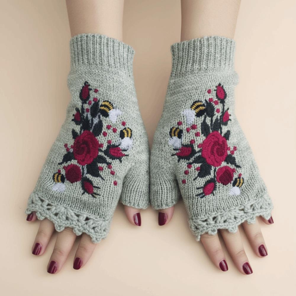 Vintage Winter Wool Gloves Floral Crochet Flower Mittens Cute Fingerless Gloves  Girls
