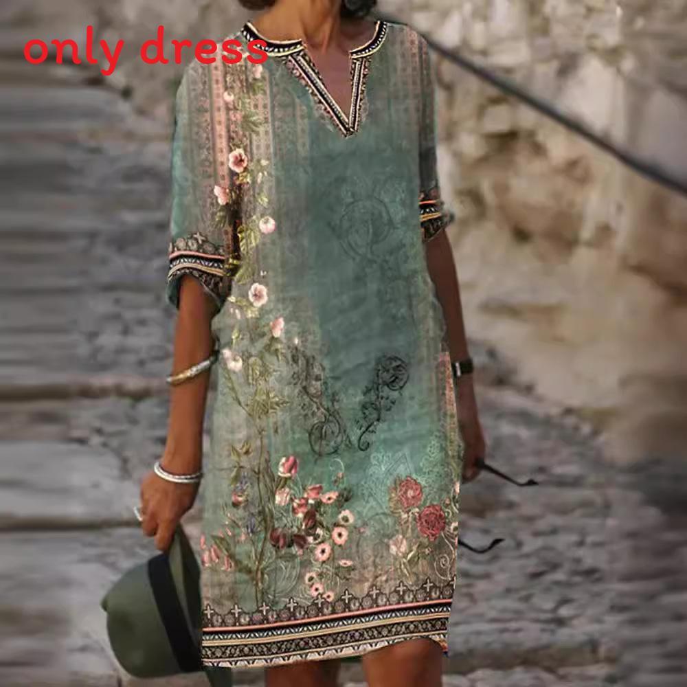 Ethnic Style Floral Print Vneck Dress With Loose Fit For Spring Summer Fashion