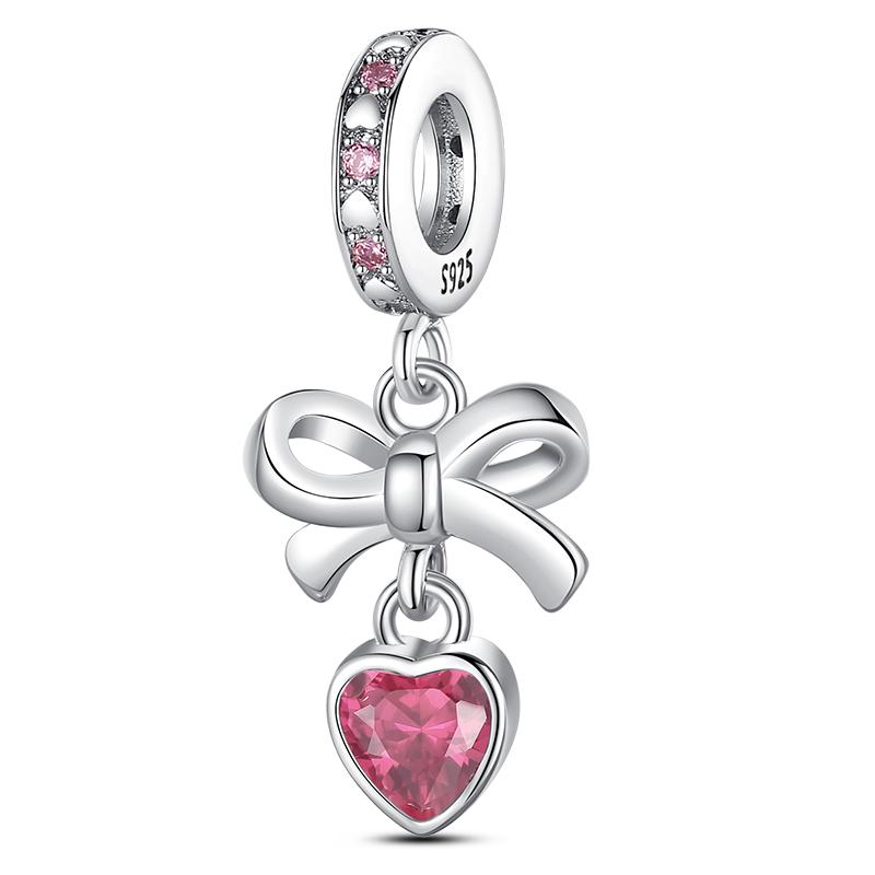 Copper Bow Charms Copper Pink Heart-Shaped Bow Pendants Charms Beads Fit Original Bangle Bracelets Diy Jewelry