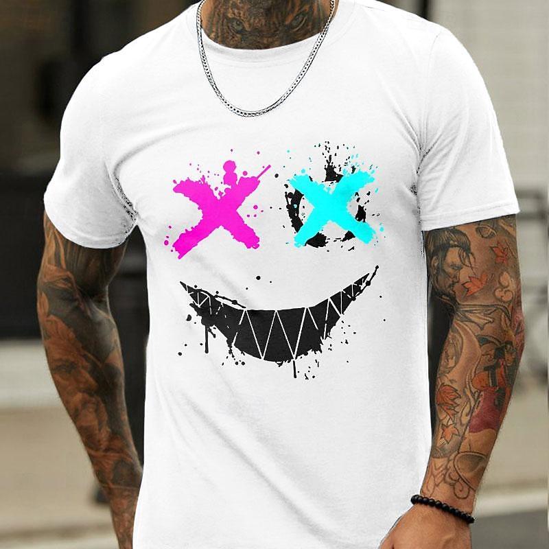 Men's Edgy X-Eye Face Splatter Graphic Short Sleeve Loose Fit Crew Neck T-Shirt