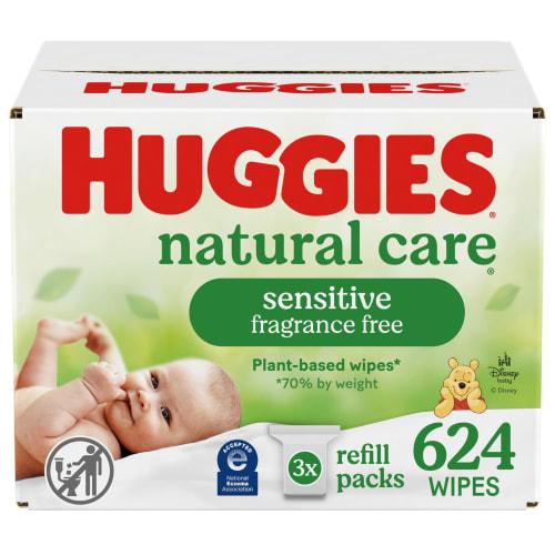 Sensitive Baby Wipes, Huggies Natural Care Baby Diaper Wipes, Unscented, Hypoallergenic, 99% Purified Water, 3 Refill Packs (624 Wipes Total) Packagin