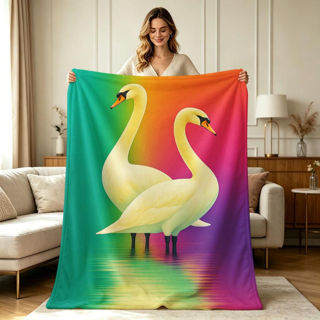 Soft Flannel Blanket with Swan Print All Season Warm Cozy Throw Blanket for Couch Sofa Bed Office Home Decorative Lightweight Breathable Comfortable A