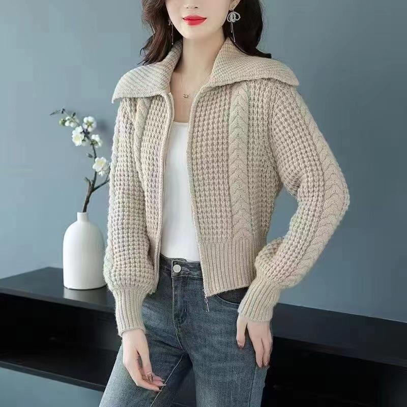 

Short high-waisted autumn and winter cardigan women s knitted sweater with zipper sweater jacket loose lapel thick thread thickened average size абрикосовый