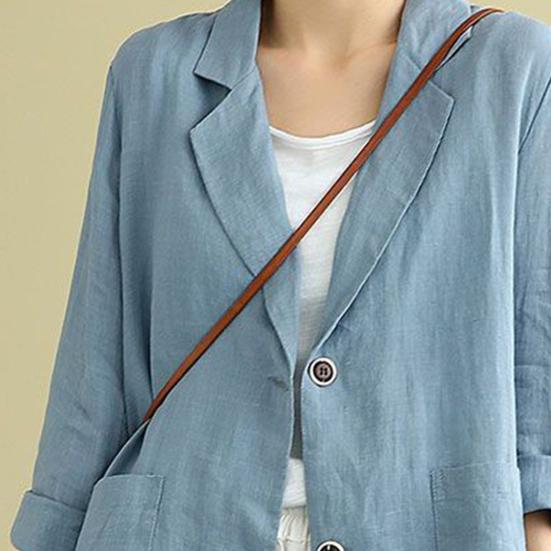 Bomull Linfrakk for Kvinner Vintage Langermet Blazerjakke Casual Revers 2 Knapper Tynn Frakk med Lommer