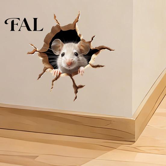 Funny Animal Wall Art Peeking Mouse Sticker, 3D Broken Hole Effect Decals, Glass Realistic Breaking Window Stickers, Removable PVC for Bedroom Living