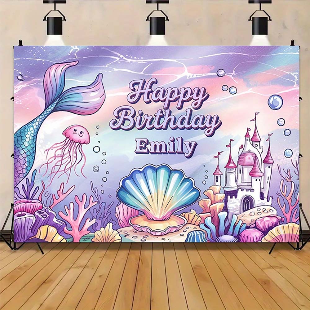 1pc Mermaid Underwater Castle Happy Birthday Backdrop for Emily Personalized Mermaid Birthday Party Decorations Photo Banner