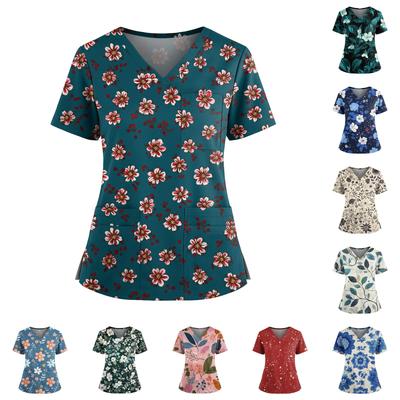 Damen Casual Bedrucktes V-Ausschnitt Taschen Seitennaht Schlitz Kurzarm Top