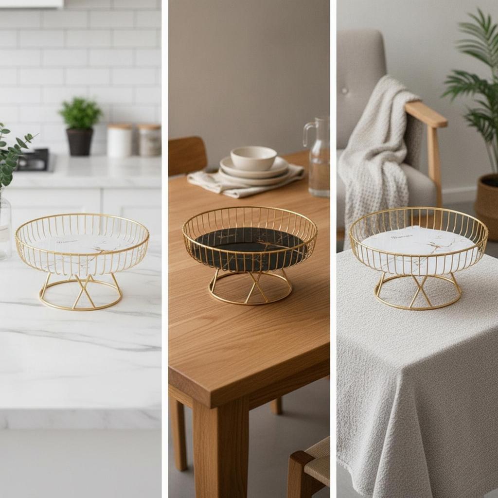 Pedestal Display Tray with Wire Frame Fruit Bowl Elevated Basket for Homeowners, Hosts,
