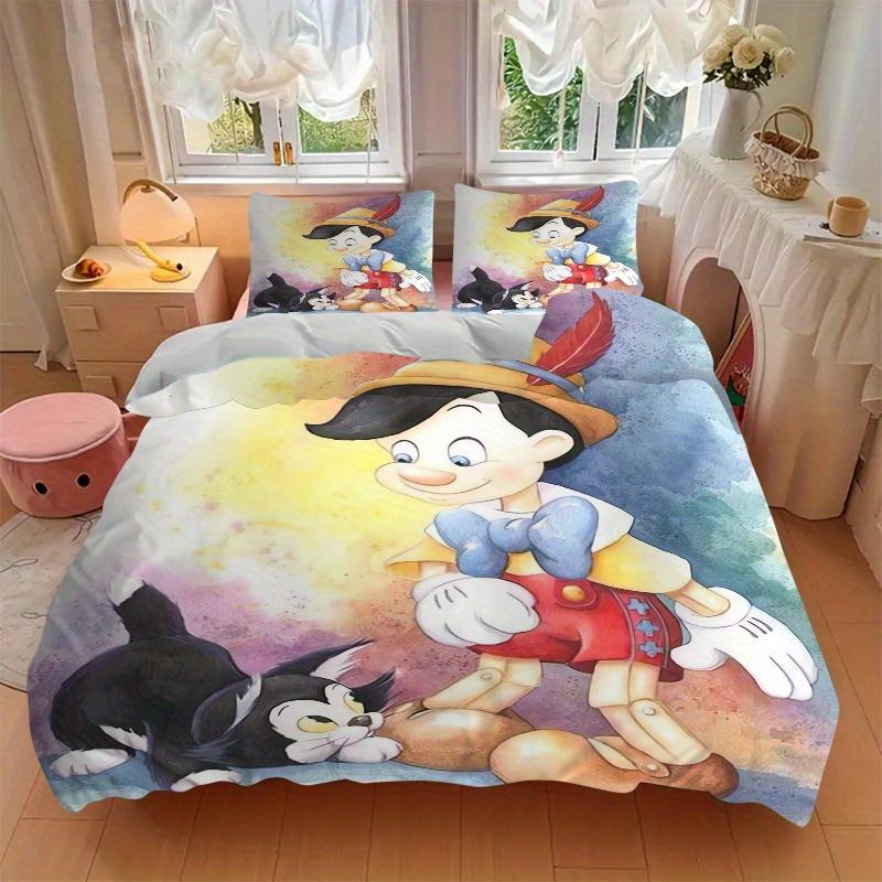 3-teiliges Bettwäscheset mit Pinocchio und Kätzchen-Aufdruck, Weiche und bequeme Bettbezüge für Schlafzimmer, Gästezimmer S078