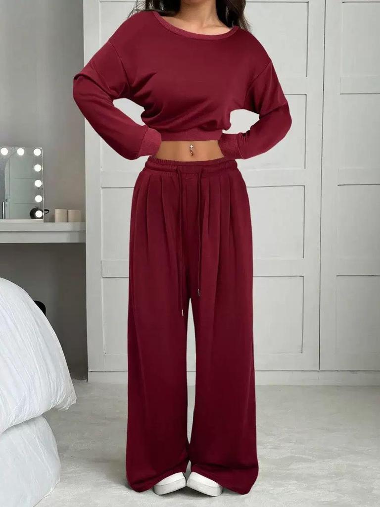 Women's Slim Fit One-Shoulder Crop Top and Casual Pants Set