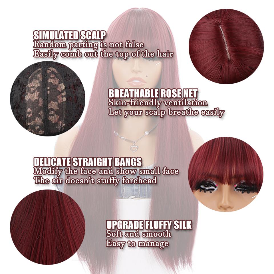 WTB Deep Red Long Straight Hair Synthetic Wig Female Straight Bangs Lolita Fluffy Natural Deep Red Long Straight Hair Wig