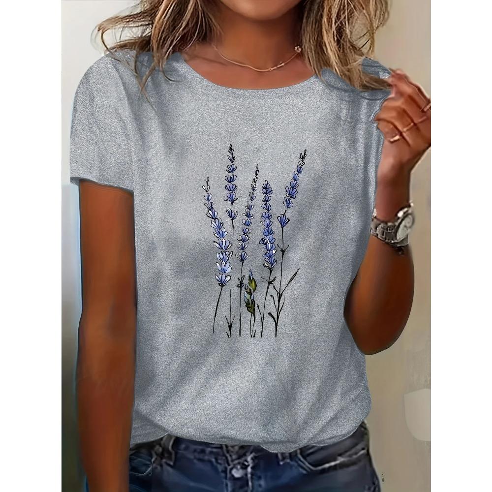 Women's Summer Casual Lavender Floral Print T-Shirt - Korean-Inspired Round Neck Short Sleeve Top Lavender Blouses