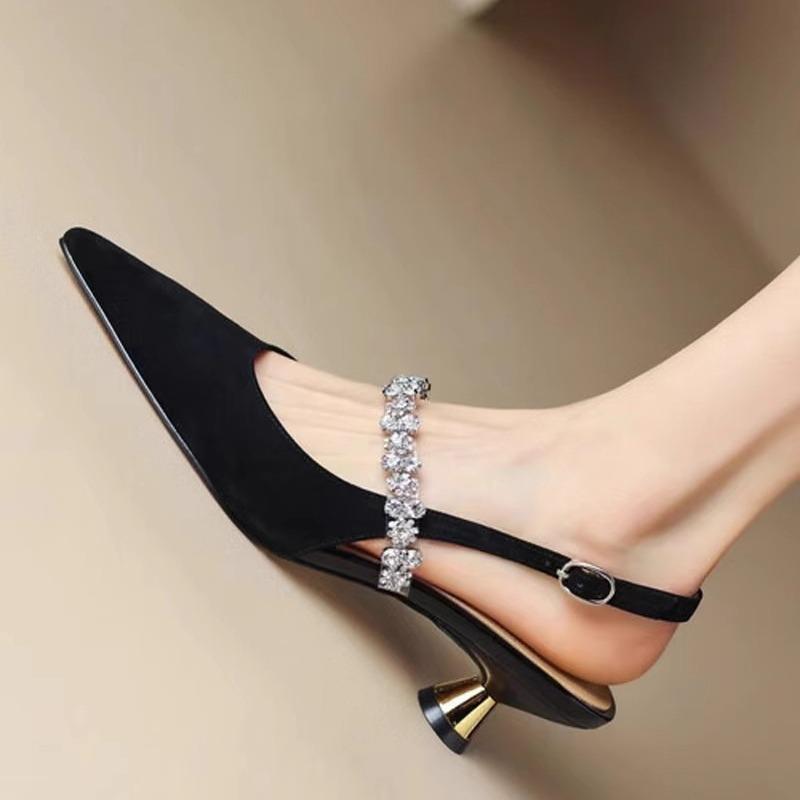 French Rhinestone Strap Bao Too Shallow Sandals Women's New Summer Pointed Toe Stiletto Stiletto High Heel Shoes
