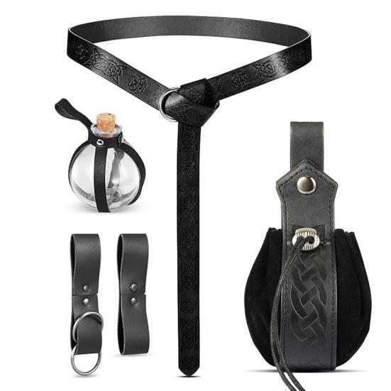 Renaissance Belt with Potion Bottles Adjustable Faux Leather Waist Bag Halloween Viking Costume Accessory