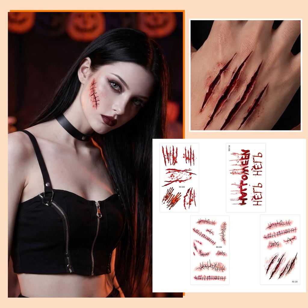 Halloween Temporäre Aufkleber - Gruselige Wunde Blut Narbe Schnitt Gesicht Aufkleber für Cosplay Kostüm Make-up