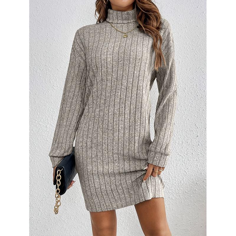 2026 Fall/Winter Women's Casual Solid Color High Neck Long Sleeve Knitted Dress
