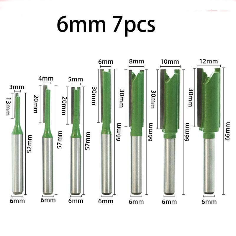 7-Piece Green Power Carbide Straight Router Bit Set - Dual-Function Slotting & Invisible Joint Cutters for Precision Woodworking