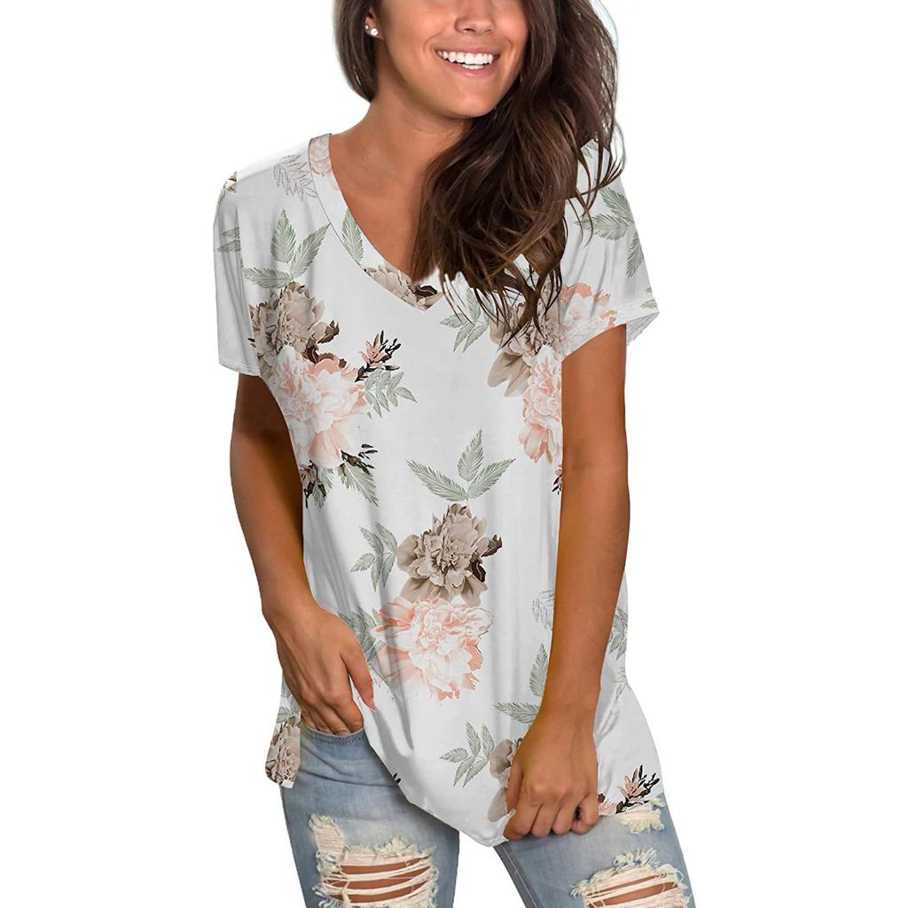 Fashion Women V-neck Printed T-shirt Casual Loose Pullover Short Sleeve Tops