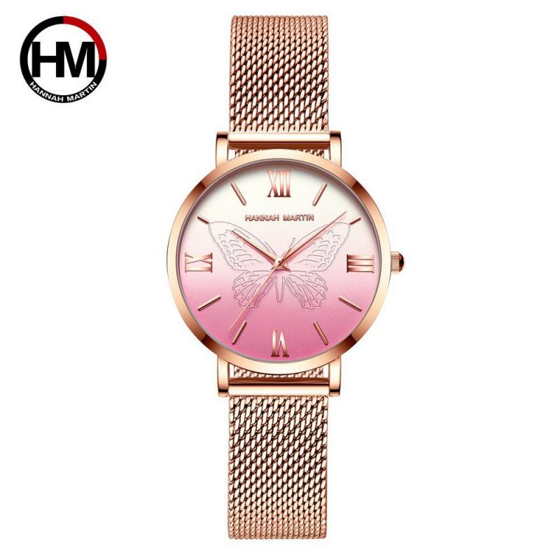 Hannah Martin Butterfly Design Women's Fashion Brand Watch Japanese Miyota Movement Stainless Steel Quartz Wristwatch