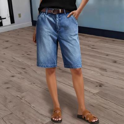 Shorts vaqueros de mujer hasta la rodilla para mujer, informales, de cintura alta, elásticos, con bolsillos, pantalones cortos vaqueros rectos