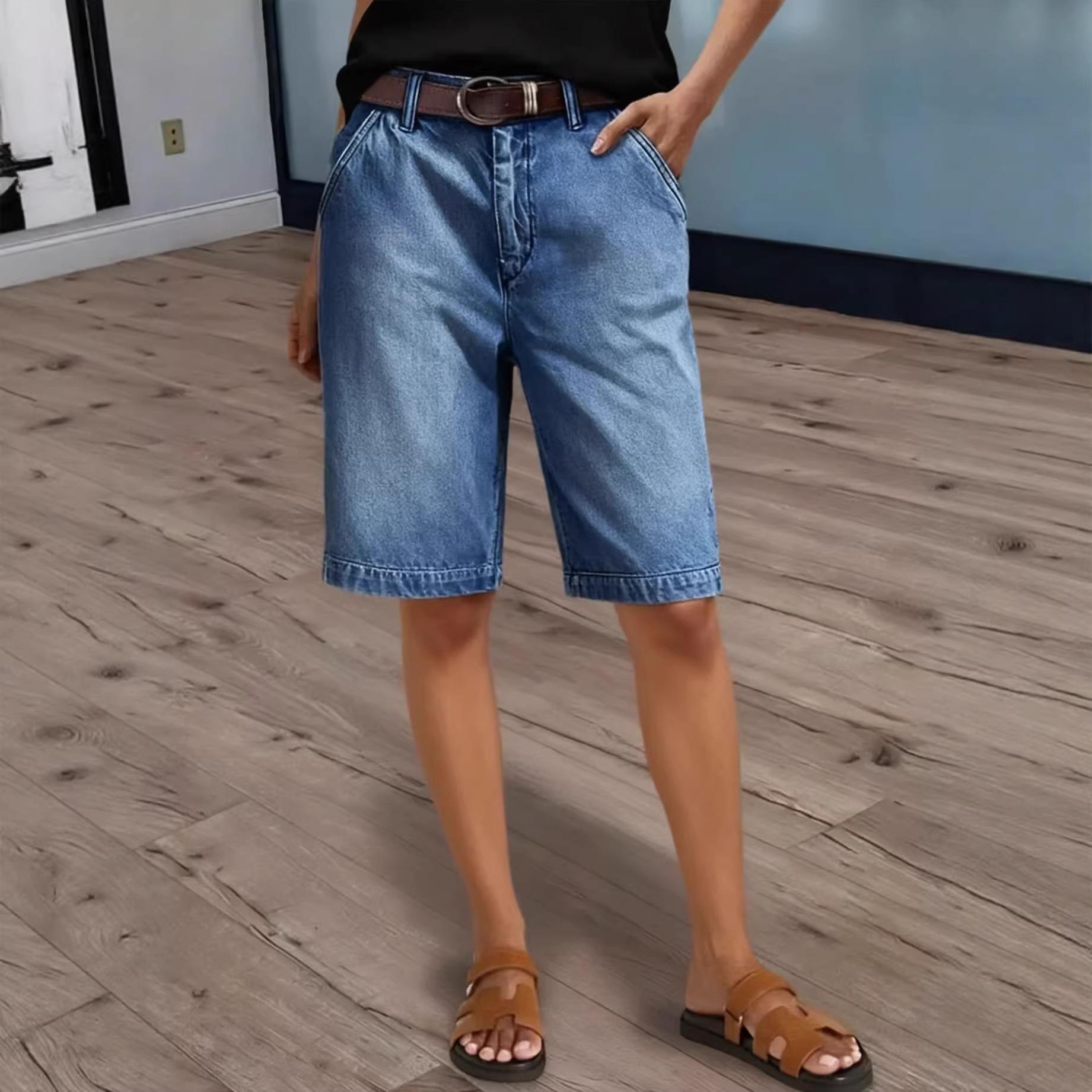 

Women Knee Length Denim Shorts Ladies Casual High Waist Stretch Pockets Straight Jean Short Pants XXL синій