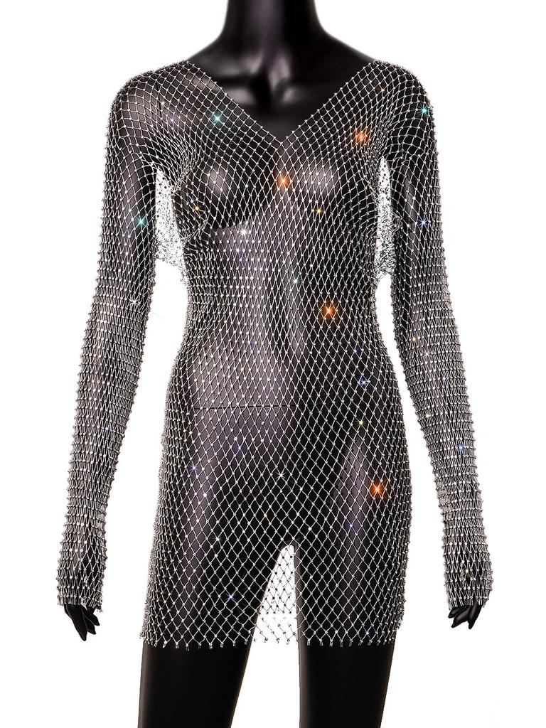 Women's Flared Sleeve Mesh Flash Diamond Crew Neck Dress Sexy Hollow Women's Dress