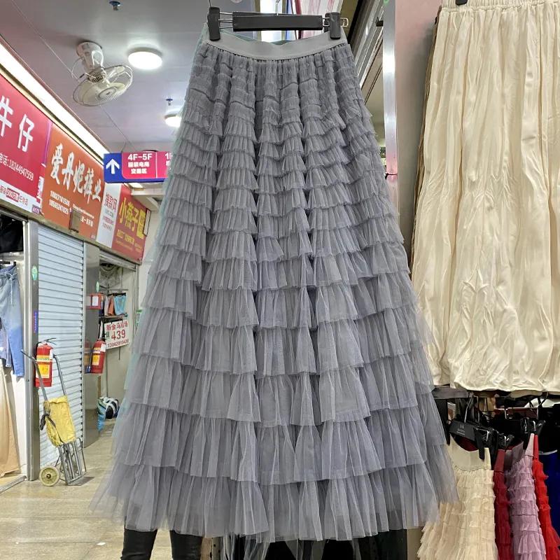Damen Frühling/Herbst Netzrock High-Waist Schlankmachender A-Linien-Rock mit Drapierung Faltenrock