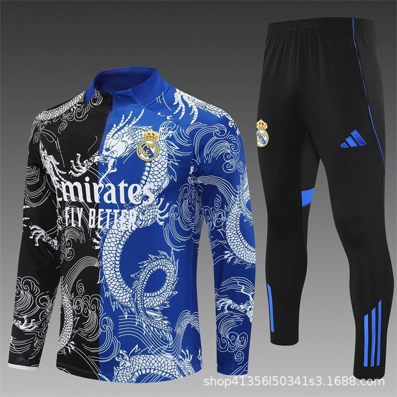 Maglia da Allenamento da Calcio Real Madrid a Maniche Lunghe Mezza Zip Tuta per Adulti e Bambini Stampa Maglia Mbappe