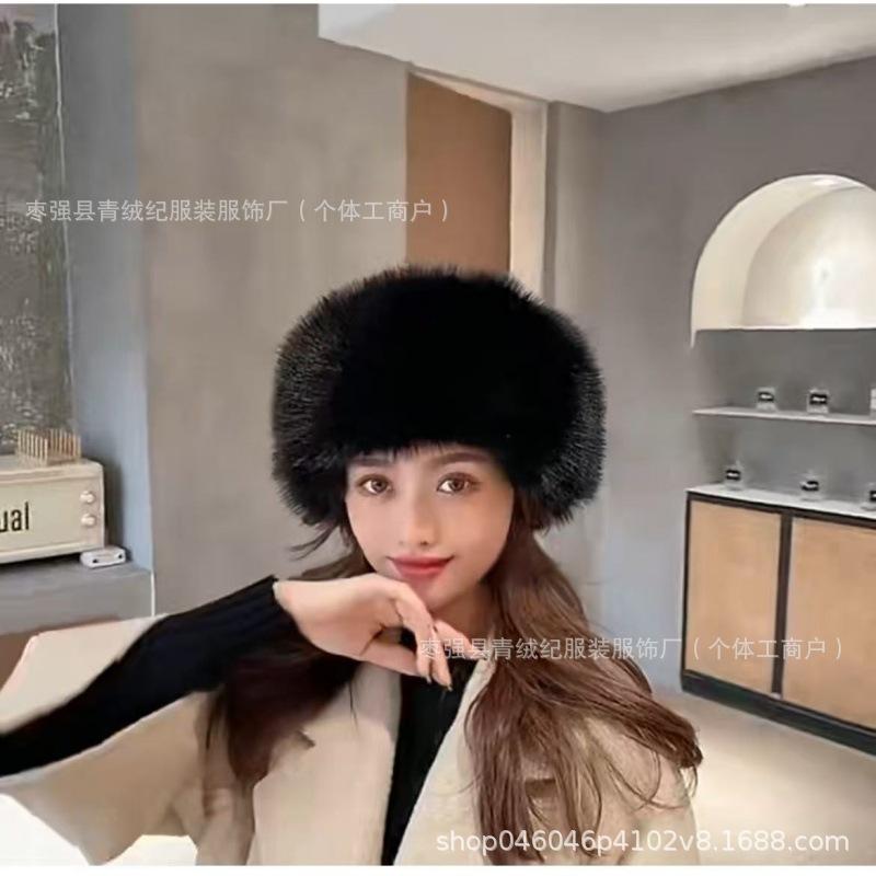 Autumn and winter hats are fashionable and versatile, windproof and warm, topless Mongolian hats, imitation fox fur hat rings, plush hair accessories