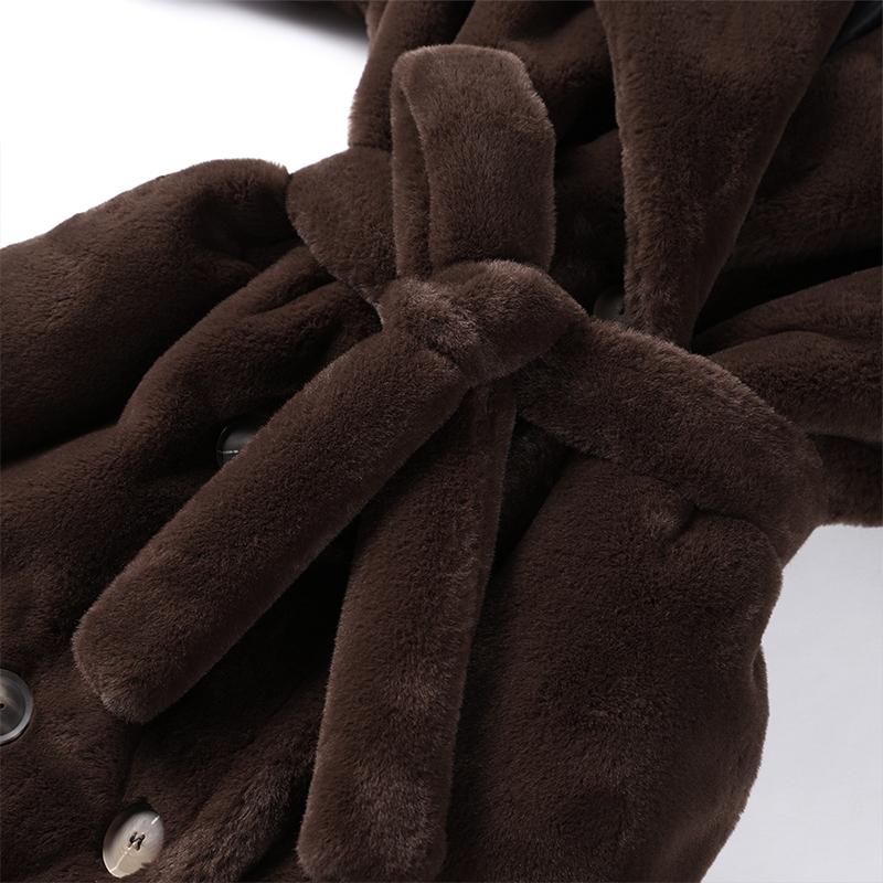 Dámský podzimní zimní zahuštěný dlouhý kabát z norkového sametu, luxusní bunda z imitace králičí kožešiny s páskem, klopami, trenčkot