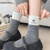 Korean Wool Heart Embroidery Socks - Double Ribbed, Bow Striped, Thick Fleece Lined, Warm Gray Crew