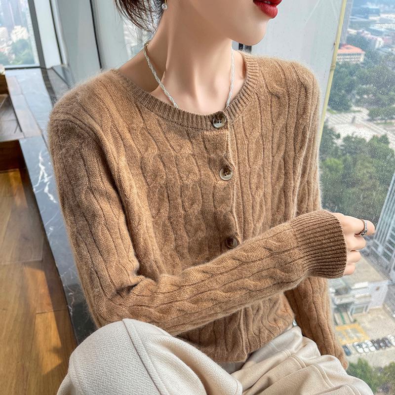 Women's Cashmere Round Neck Cable Knit Cardigan - High-End, Fashionable, Versatile Sweater for Autumn/Winter