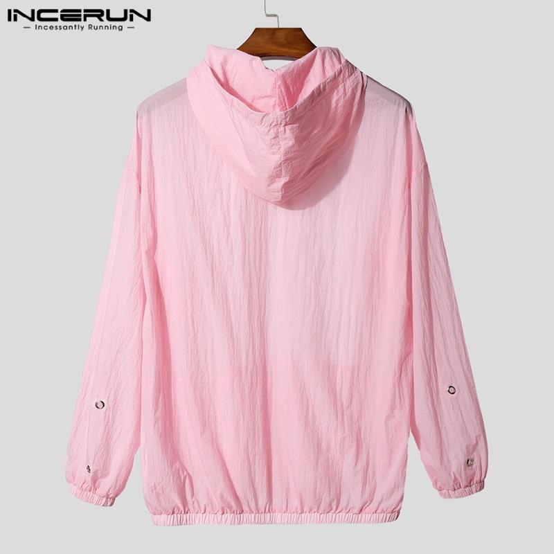 INCERUN Pánské topy s dlouhým rukávem, mírně průsvitné, volné, s kapucí a stahovací šňůrkou