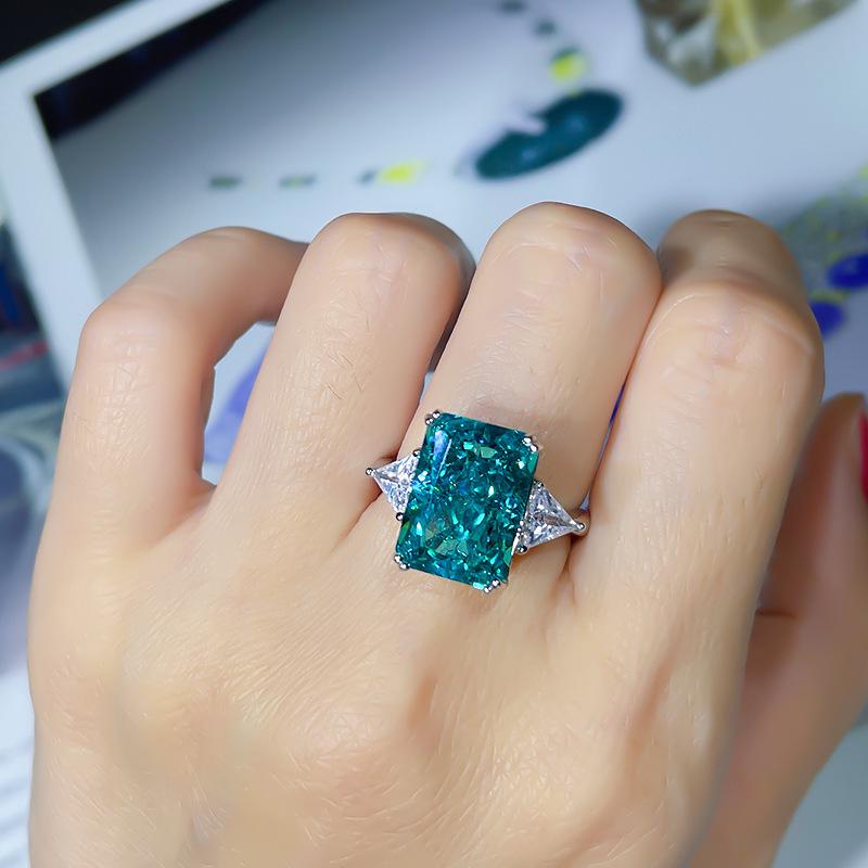 S925 Sterling Silver Women's Emerald Square Ring: High-End Niche Design for Index Finger Jewelry