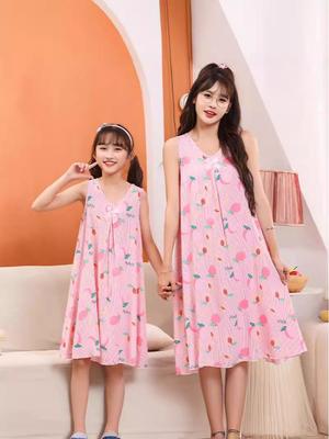 Mother-Daughter Cotton Silk Sleeveless Nightgown for Girls: Wide Shoulder Home Dress